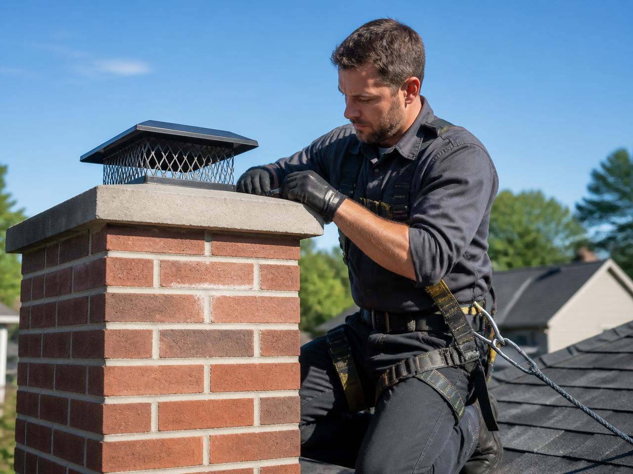 Technician in safety harness servicing a brick chimney cap on a suburban roof